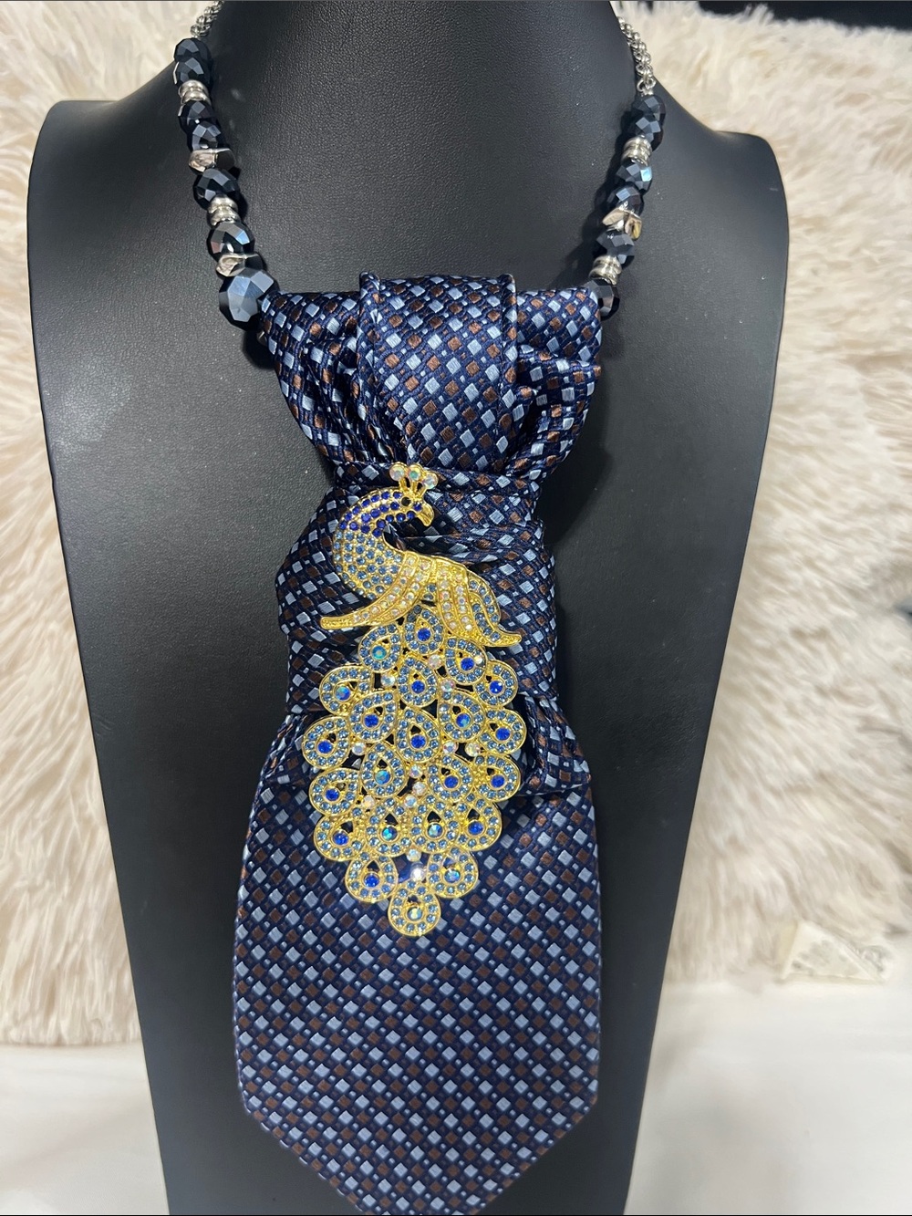 Navy Geometric Tie Necklace with Gold Peacock Brooch